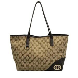 Auth GUCCI New Brit/GG 169946 Beige Dark Brown Jacquard Leather - Tote Bag
